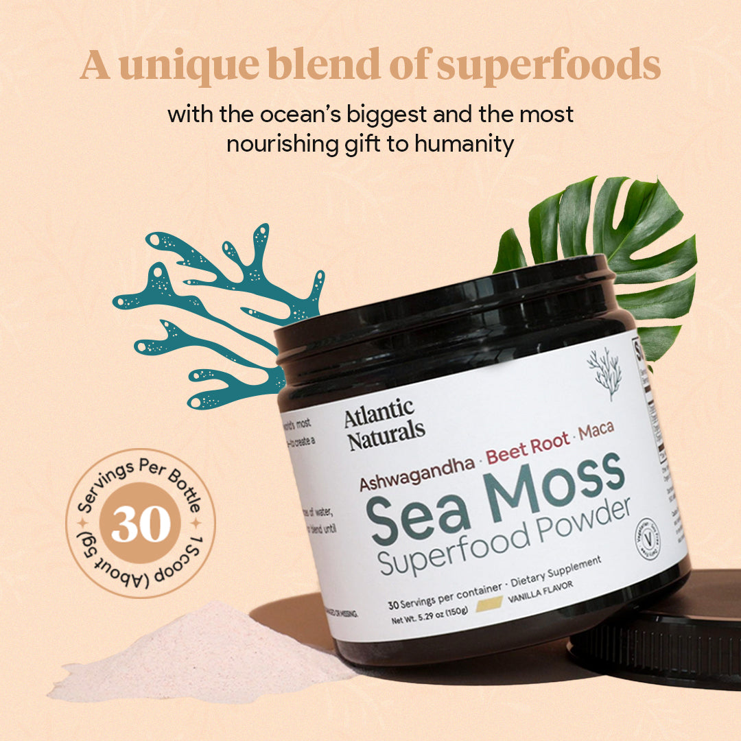 Organic Sea Moss Superfood Powder with Ashwagandha, Beet Root and Maca | Vanilla Flavor