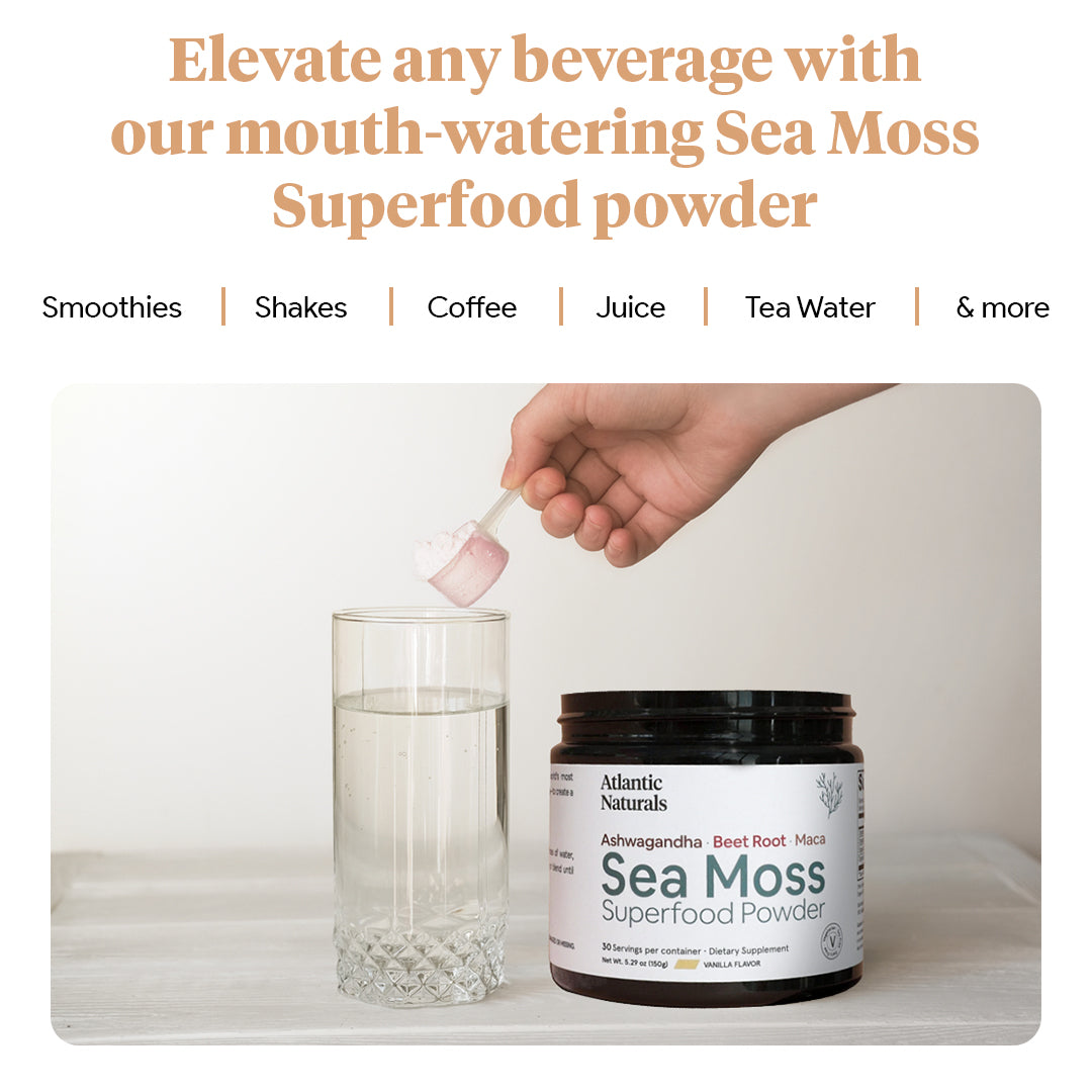 Organic Sea Moss Superfood Powder with Ashwagandha, Beet Root and Maca | Vanilla Flavor