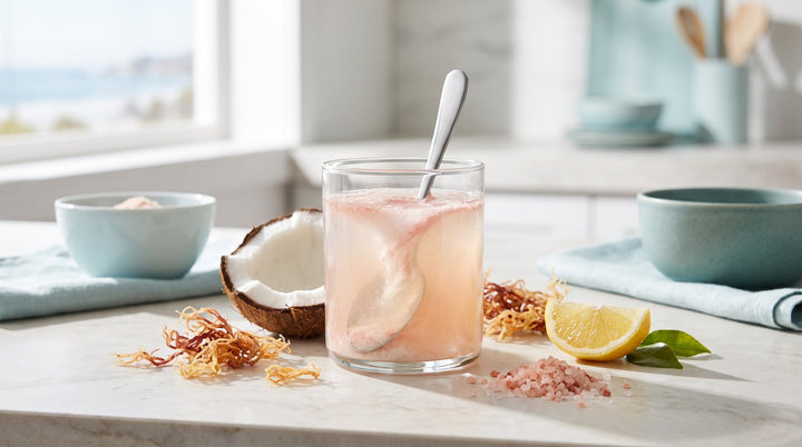 A pale pink sea moss gel drink being stirred in a glass, surrounded by dried sea moss, coconut, pink Himalayan salt, and lemon on a bright coastal kitchen counter.