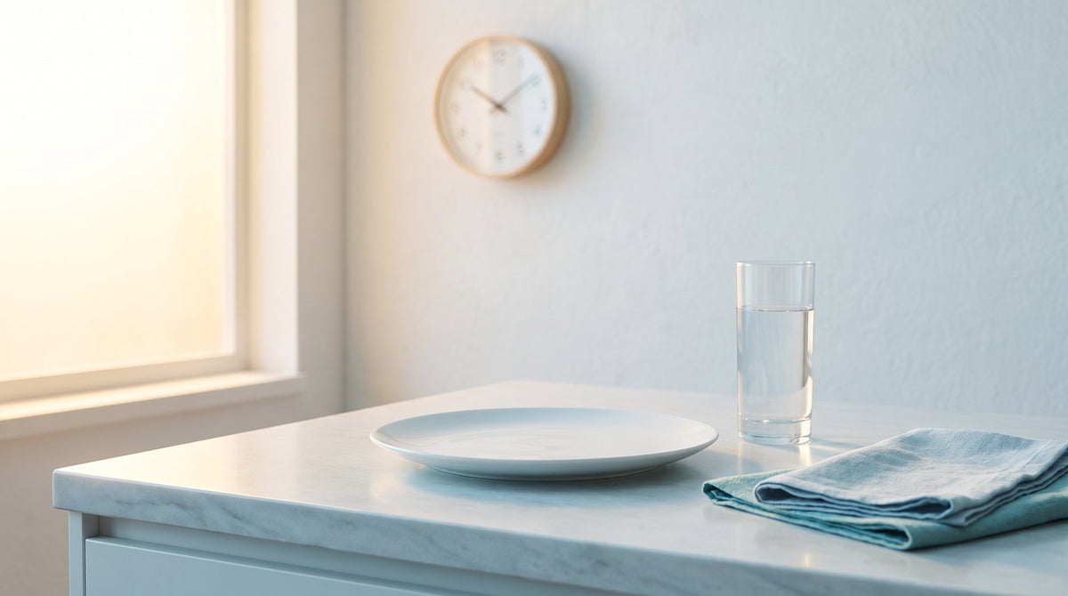 An empty white plate and glass of water on a sunlit counter, evoking a calm morning intermittent-fasting routine.