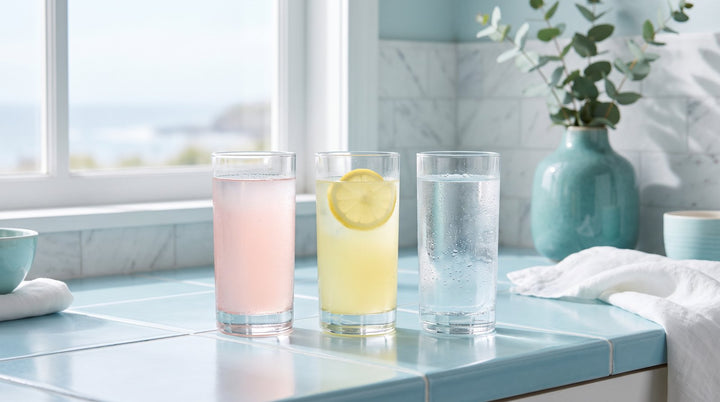 Three glasses of electrolyte drinks in pink, yellow, and clear, lined up for a side-by-side hydration drink comparison.