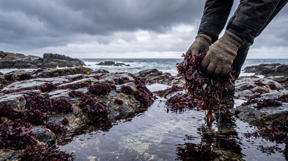 Hands gathering red-purple Irish moss seaweed from wet rocks on the rugged Nova Scotia Atlantic coastline at low tide under an overcast sky.