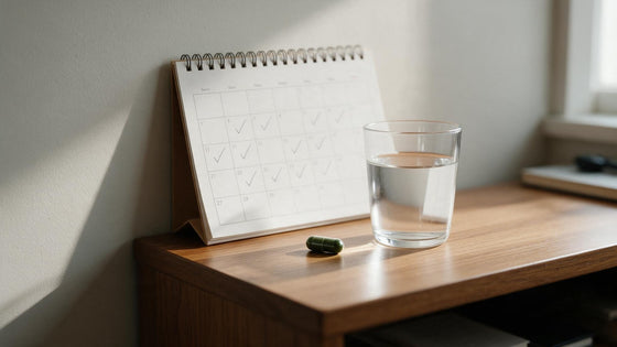 A desk calendar with weeks of check marks beside a glass of water and a single green sea moss capsule, illustrating consistent daily use over time.