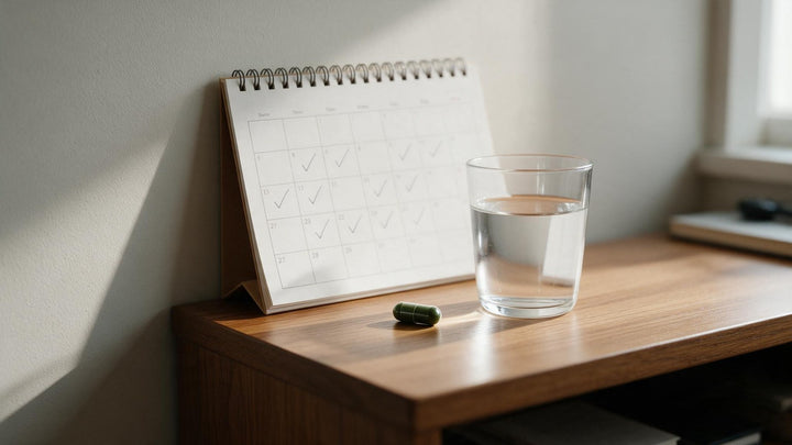 A desk calendar with weeks of check marks beside a glass of water and a single green sea moss capsule, illustrating consistent daily use over time.