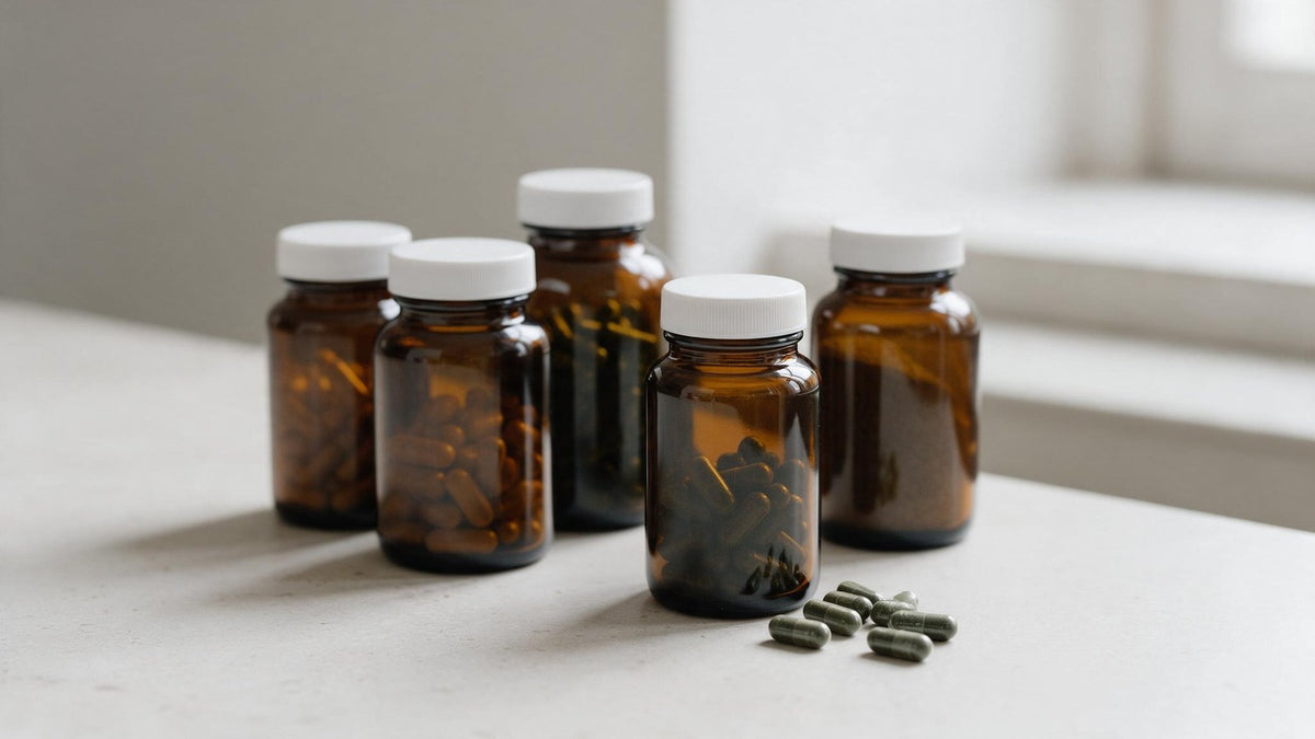 Five unlabeled amber supplement bottles lined up on a stone counter with a few green sea moss capsules spilled in front, representing a sea moss brand comparison.