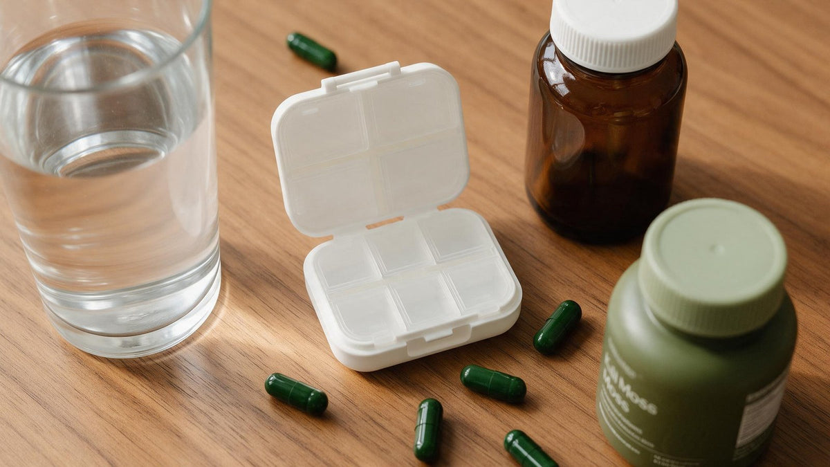 Overhead flat lay of a pill organizer, a glass of water, an amber prescription bottle, a kelp supplement bottle, and loose green sea moss capsules kept apart on a wood table.