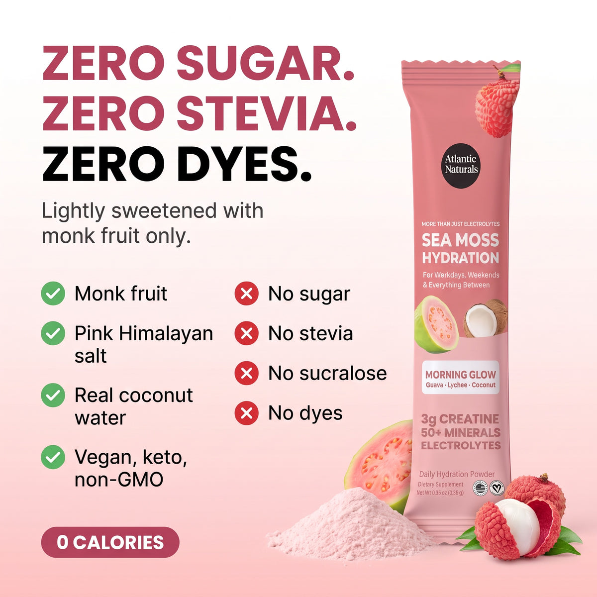 Atlantic Naturals Sea Moss Hydration powder stick pack in pink packaging, shown on a light pink background with marketing text highlighting zero sugar, zero stevia, and zero dyes. Fresh lychee fruit and loose pink powder are pictured at the bottom. morning glow