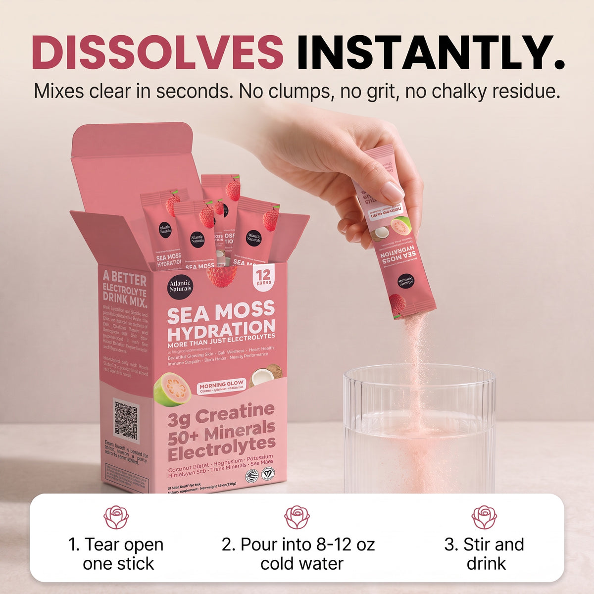 A hand dissolves a pink Sea Moss Hydration stick from its pink packaging, with text overlays explaining the instant dissolving properties and a step-by-step usage guide at the bottom. morning glow