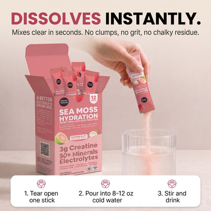 A hand dissolves a pink Sea Moss Hydration stick from its pink packaging, with text overlays explaining the instant dissolving properties and a step-by-step usage guide at the bottom. morning glow