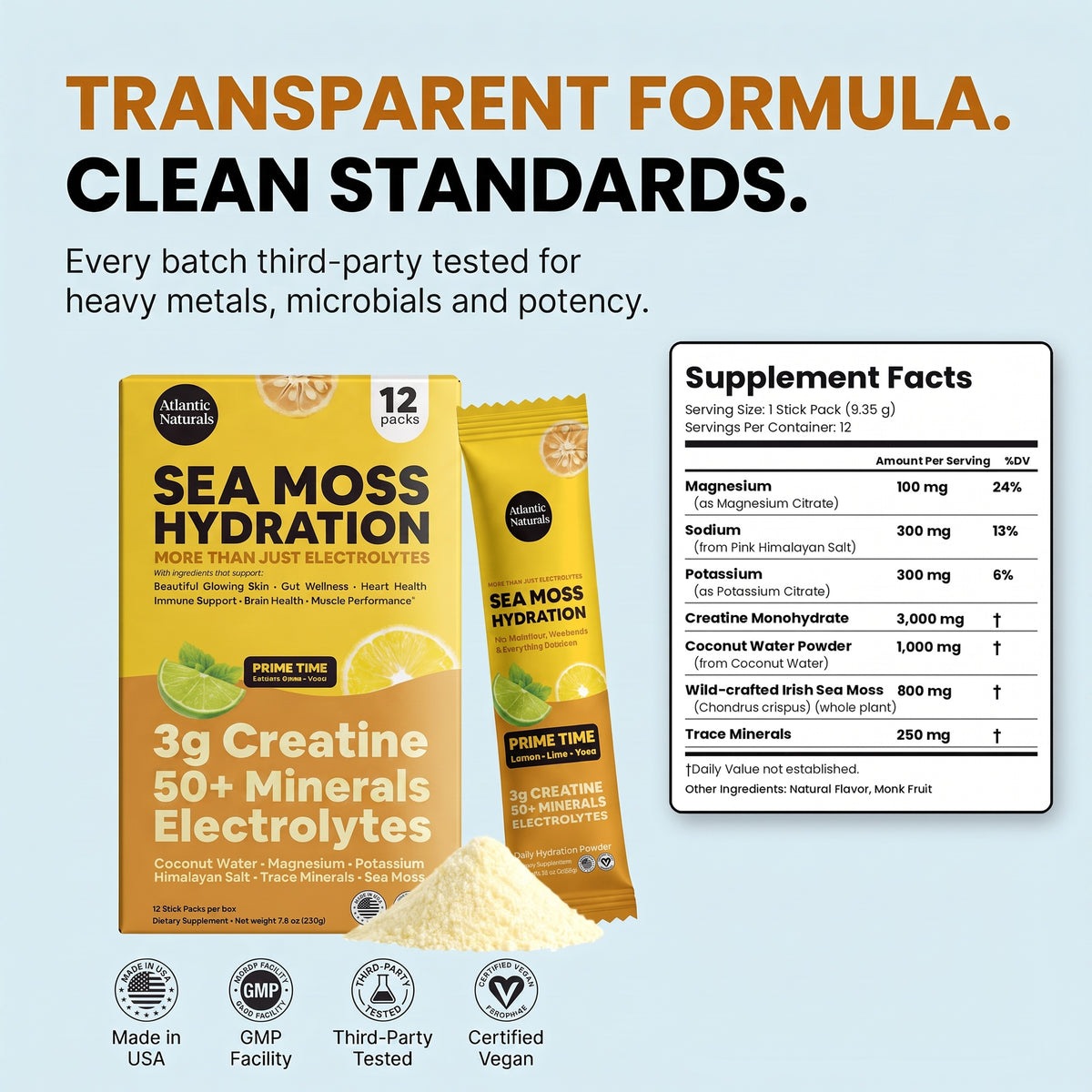 Atlantic Waters Sea Moss Hydration supplement packaging shown on a white background with marketing text and a supplement facts panel. The box is orange and yellow with lime graphics, and the package claims transparent formula and third-party testing. prime time