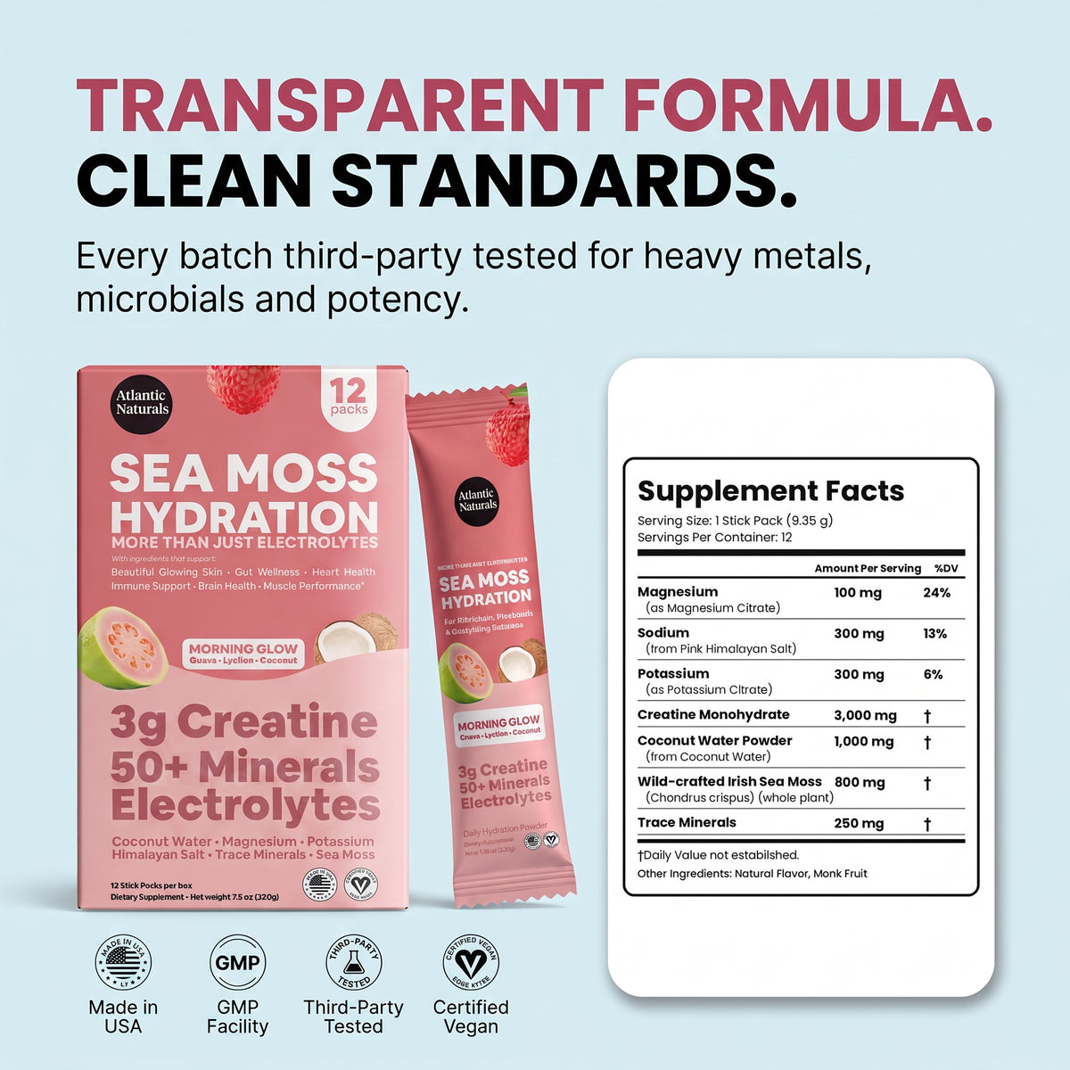 Atlanticus Labs Sea Moss Hydration 3g Creatine 50+ Minerals Electrolytes supplement packaging on a light blue background, featuring a large pink box, two smaller pink sachets, a white supplement facts label mockup, and certification icons. morning glow