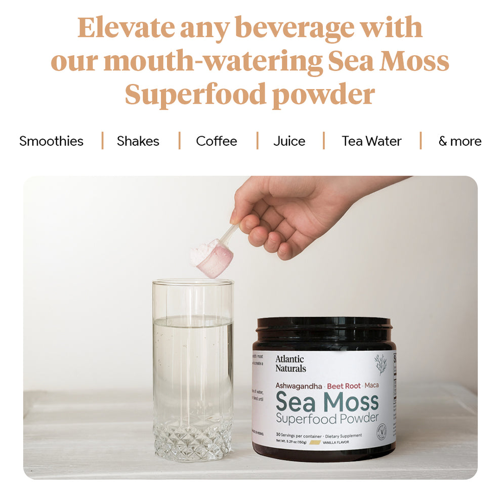 Organic Sea Moss Superfood Powder with Ashwagandha, Beet Root and Maca