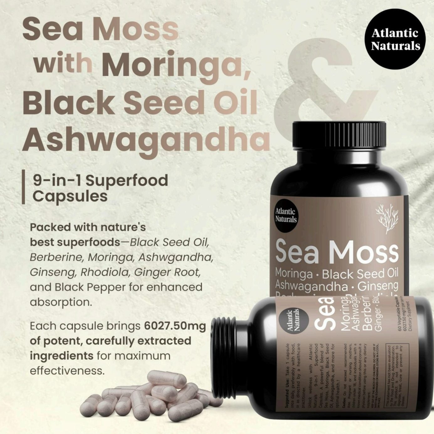 Sea Moss with Moringa, Black Seed Oil, Ashwagandha 9 in 1 Capsules