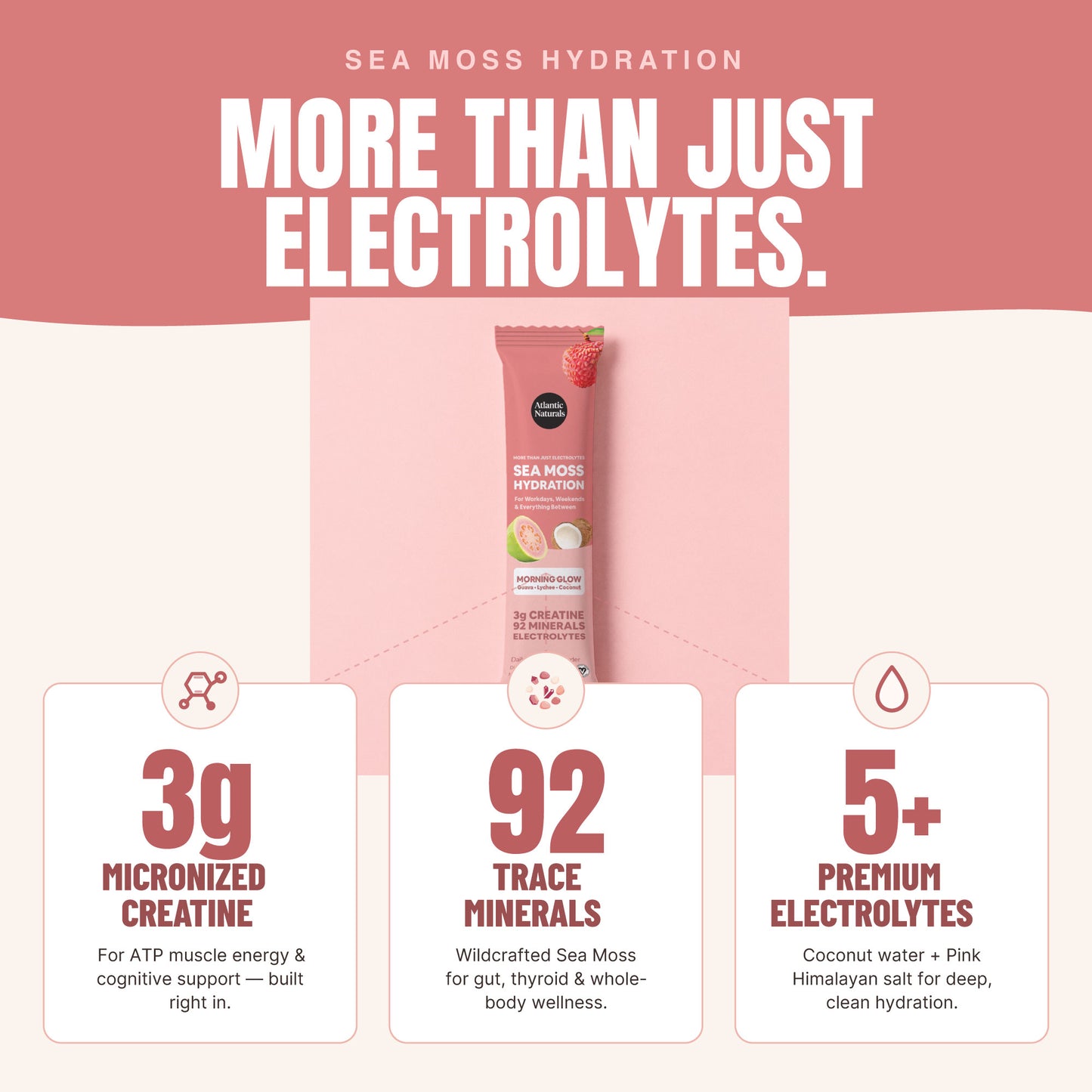 Morning glow Sea Moss Hydration product with nutritional information on a pink and white background