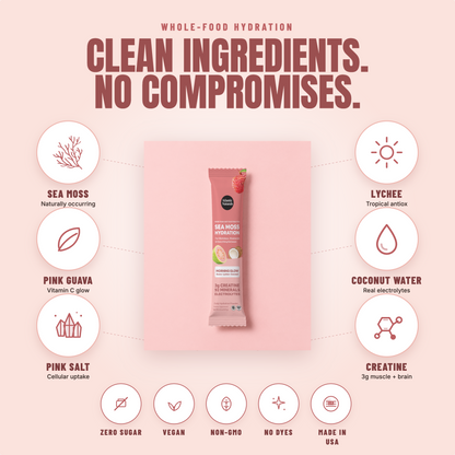 A single pink Sea Moss Hydration stick pack is centered on a pale pink background, surrounded by circular callouts listing ingredients and benefits including sea moss, pink guava, pink salt, lychee, coconut water, and creatine. Text at the top reads 'CLEAN INGREDIENTS. morning glow