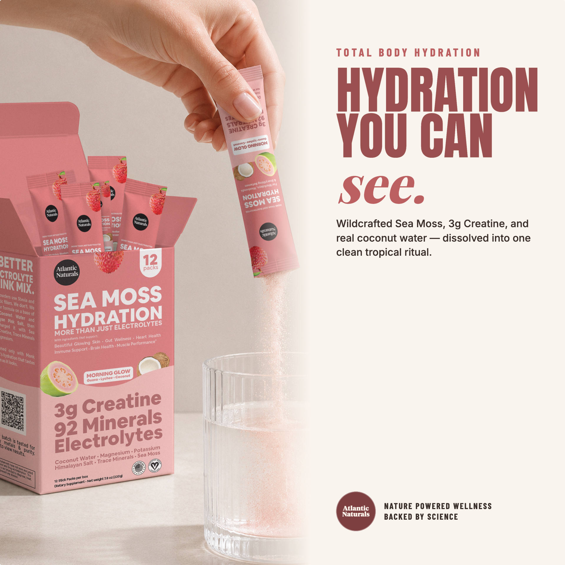 A hand holds a pink Sea Moss Hydration stick above a clear glass, with the product box and several sachets visible on the left. The right side features marketing text reading 'HYDRATION YOU CAN see. morning glow