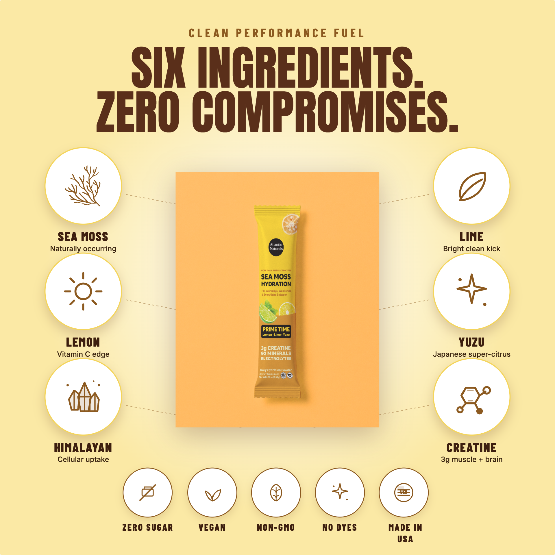 A single Sea Moss Hydration stick pack is centered on a peach square against a pale yellow background with large marketing text reading 'Six Ingredients. Zero Compromises. prime time