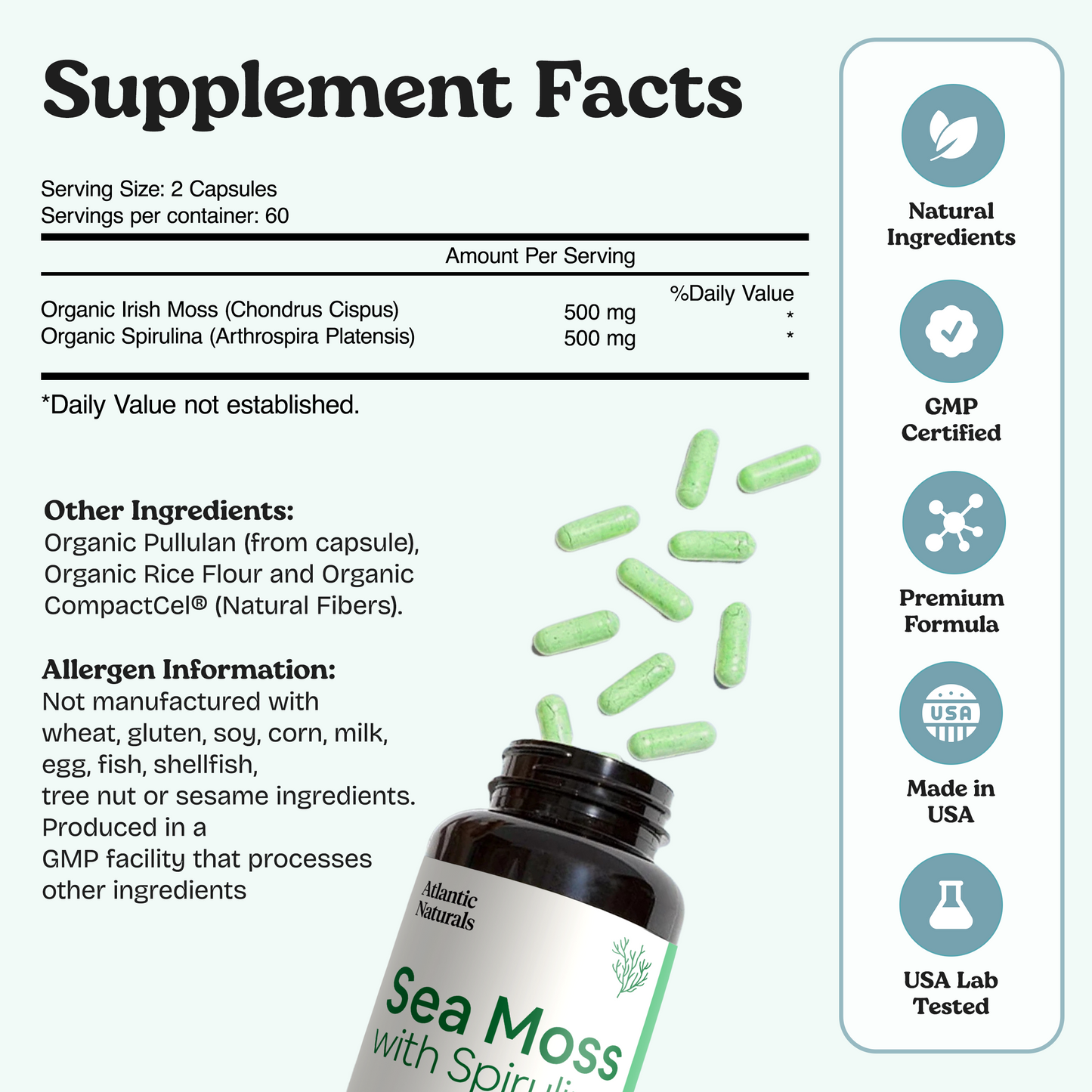 Musgo de Mar Orgánico con Cápsulas de Espirulina | Vegano 1000mg