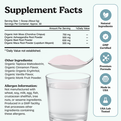 Superalimento en polvo orgánico de musgo marino con Ashwagandha, raíz de remolacha y maca |* NUEVO sabor a vainilla MEJORADO