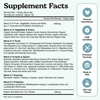 Nutrition facts of Sea Moss Super Greens Powder