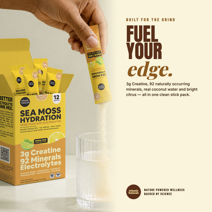 A hand holds a yellow Sea Moss Hydration stick pack above a glass of clear liquid, with a matching yellow and orange product box and several stick packs visible on the left. Large promotional text appears on the right on a light cream background. prime time