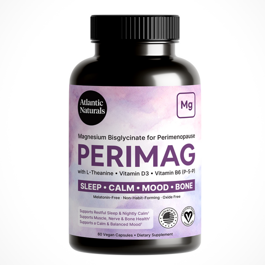 PeriMag magnesium bisglycinate for perimenopause — front of bottle, 60 vegan capsules