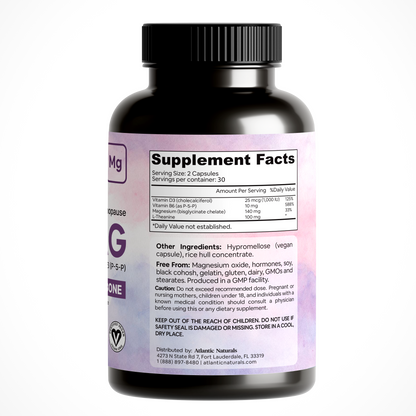 PeriMag Supplement Facts — magnesium bisglycinate 140 mg, L-theanine 100 mg, B6 (P5P) 10 mg, D3 1000 IU