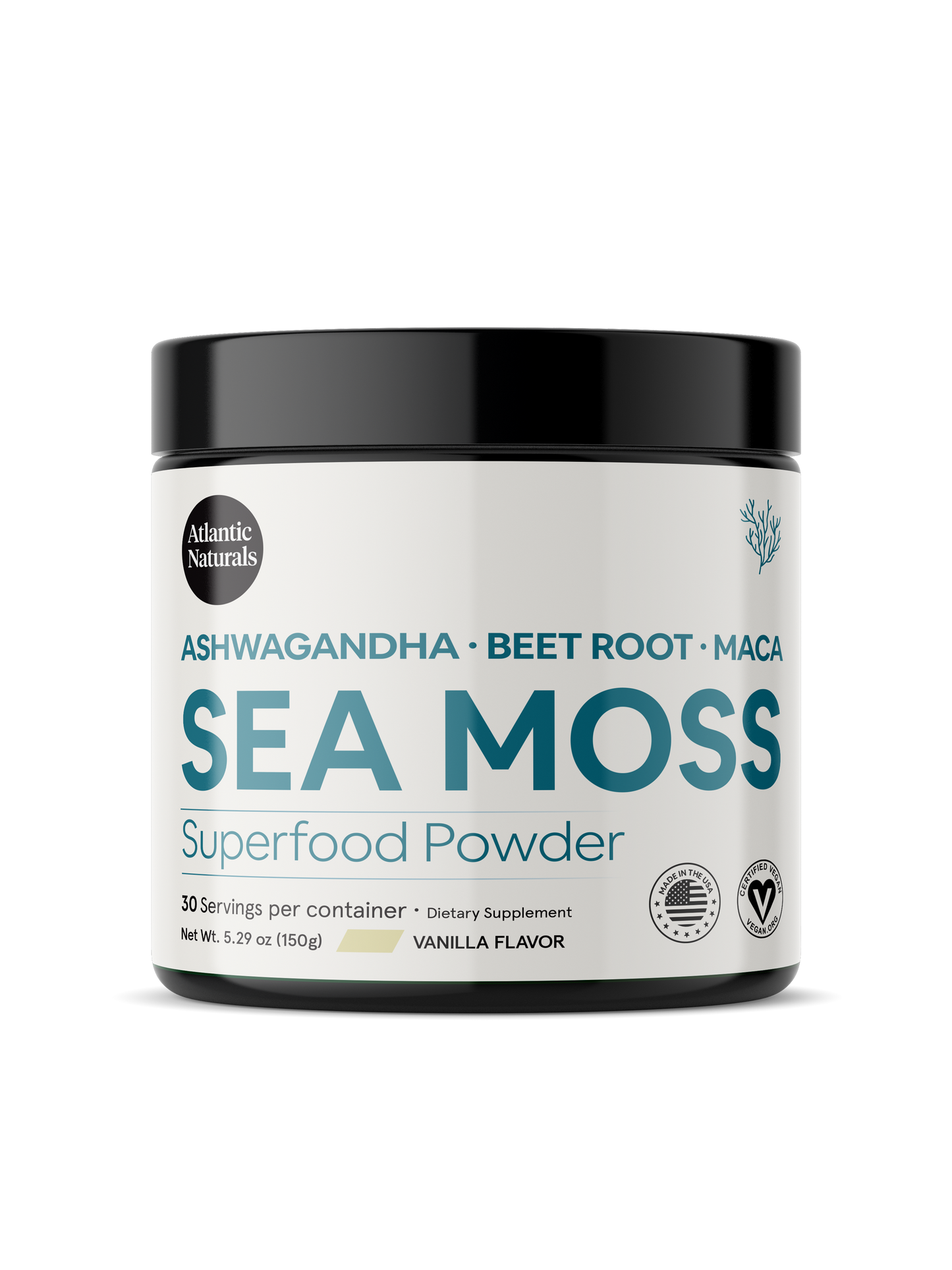 Superalimento en polvo orgánico de musgo marino con Ashwagandha, raíz de remolacha y maca |* NUEVO sabor a vainilla MEJORADO