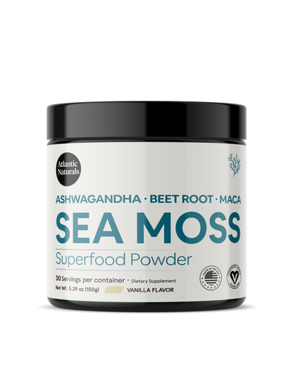 Superalimento en polvo orgánico de musgo marino con Ashwagandha, raíz de remolacha y maca |* NUEVO sabor a vainilla MEJORADO