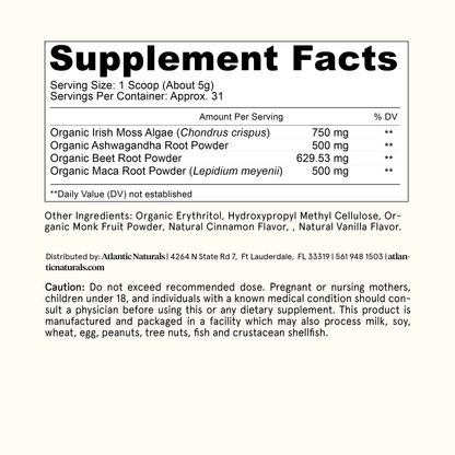 Superalimento en polvo orgánico de musgo marino con Ashwagandha, raíz de remolacha y maca |* NUEVO sabor a vainilla MEJORADO